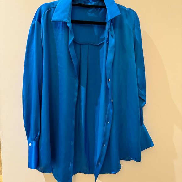 Deep Navy Satin Wide Cuff Button Up Shirt - Picture 1 of 4